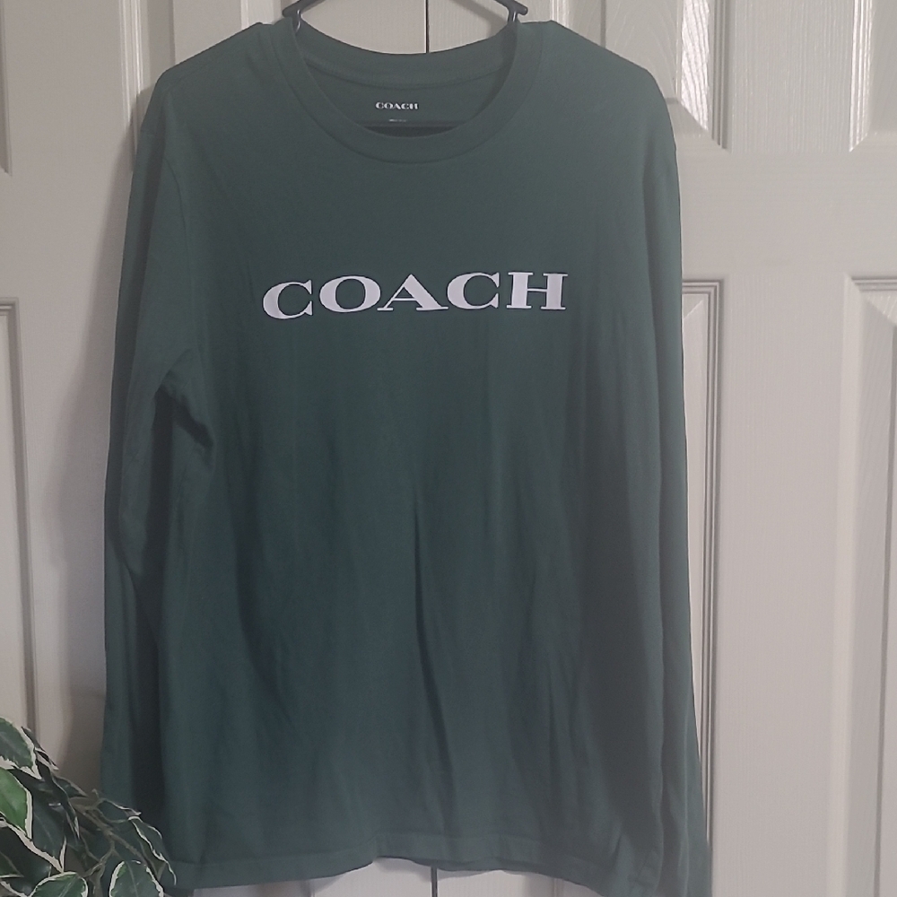 Coach Men's Long Sleeve Tee with White Logo on Forest Green